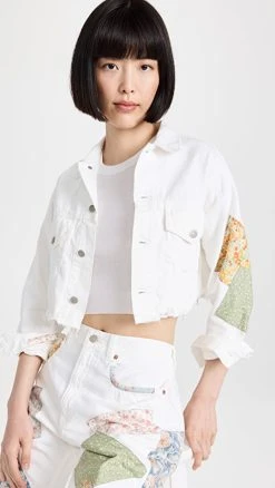 Denimist Cropped Agnes Trucker Jacket White W/ Multi Patch Work