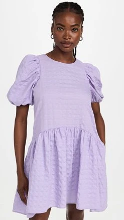 English Factory Back Tie Jacquard Puff Dress Lavender