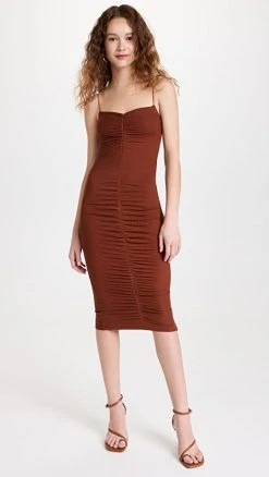 Enza Costa Stretch Silk Knit Ruched Strappy Dress Umber