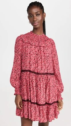 Scotch & Soda Smocked And Tiered Long Sleeved Dress Space Floral Scarlet