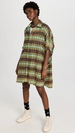 R13 Plaid Oversized Boxy Shirtdress Green Plaid