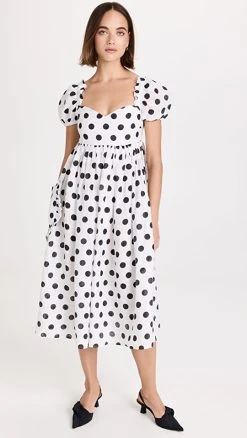Sleeper Picnic Linen Dress In Polka Dot Black/White