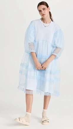 Simone Rocha Tiered Net Overlay Signature Sleeve Dress Baby Blue